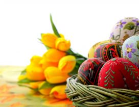 Colorful Easter eggs and yellow tulips on background