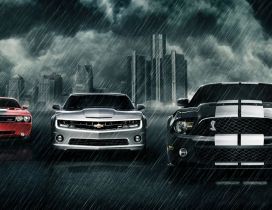 Three wonderful cars in the rain - creative wallpaper