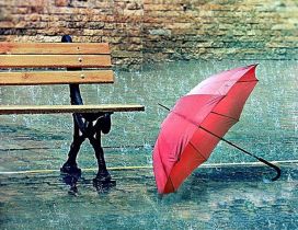 Red umbrella near a bench - Rainy day