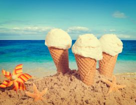 Three vanilla ice cream in the beach sand near starfish