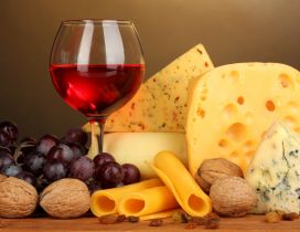 Cheese mix and a glass of red wine - Autumn season food