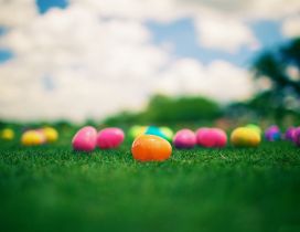Plastic Easter eggs on the grass - Happy Spring Holiday