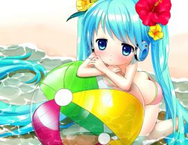 Anime girl with long blue hair at the seaside and beach