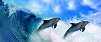 Inteligent animals -Dolphins play in the water jump in waves