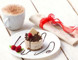 Enjoy a piece of cake with a delicious hot chocolate - Love