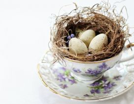 Bird house in a cup of coffee - Little Easter eggs inside