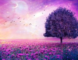 Wonderful pink nature- Birds on the sky magic romantic field