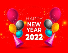 Colorful balloons and confetti for a Happy new year 2022