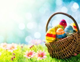 Basket full with colorful Easter eggs in a beautiful day
