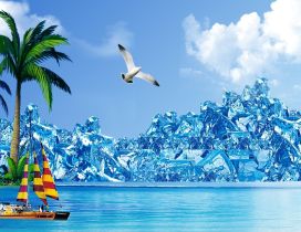 Two white birds flying in the sky - blue water HD wallpaper