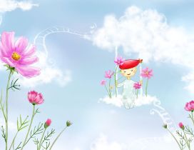 Wonderful painted - Kid play on the clouds near flowers