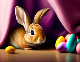 Little brown bunny and colorful Easter eggs
