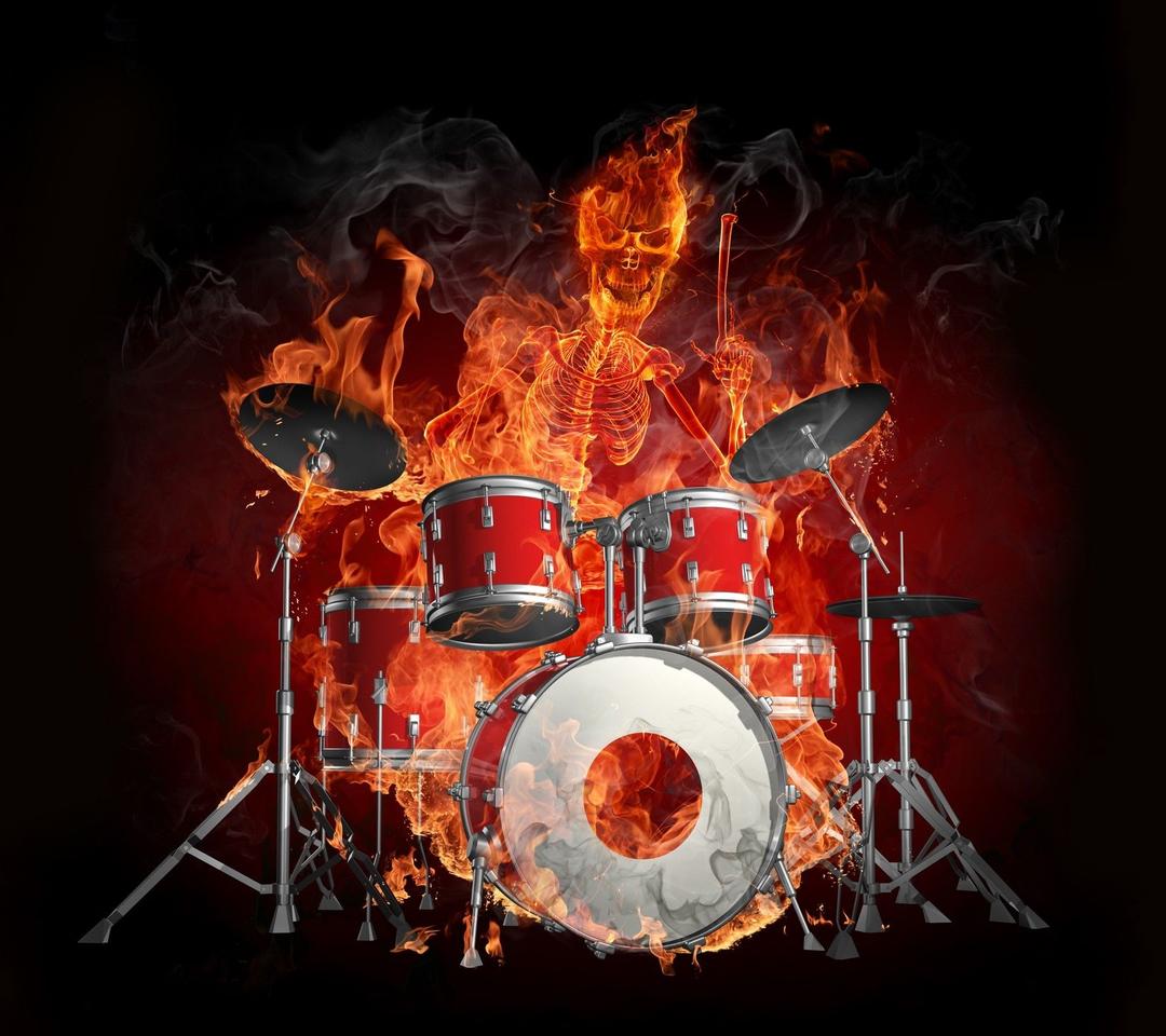 Drums and the skeleton of a man burn in flames